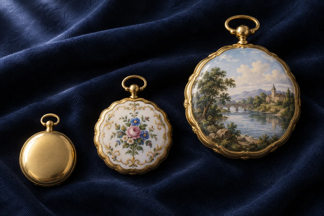 Three watch cases lie back side up on indigo cloth, showing plain gold, scalloped edges and an enamel river scene in soft window light.