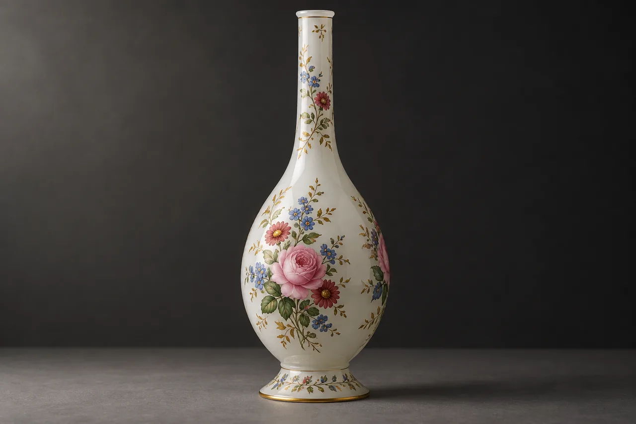 An opaque white, pear-shaped gülabdan with pink roses, blue forget-me-nots and gilded leaves stands against a dark background.