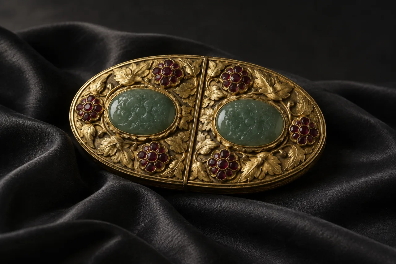 A two-part oval buckle with jade plaques, red spinels, and gold flowers rests on folds of dark silk.