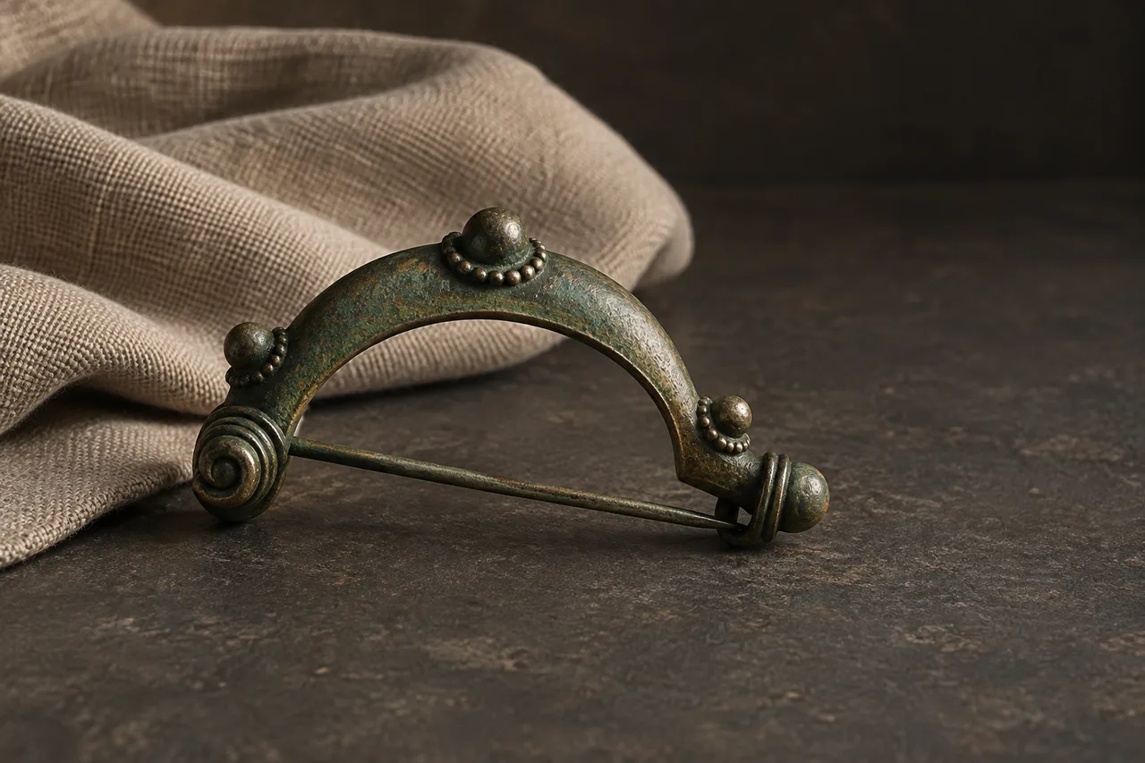 A studded bronze fibula with green-brown patina rests beside folded neutral cloth on a dark surface, lit warmly from the side.