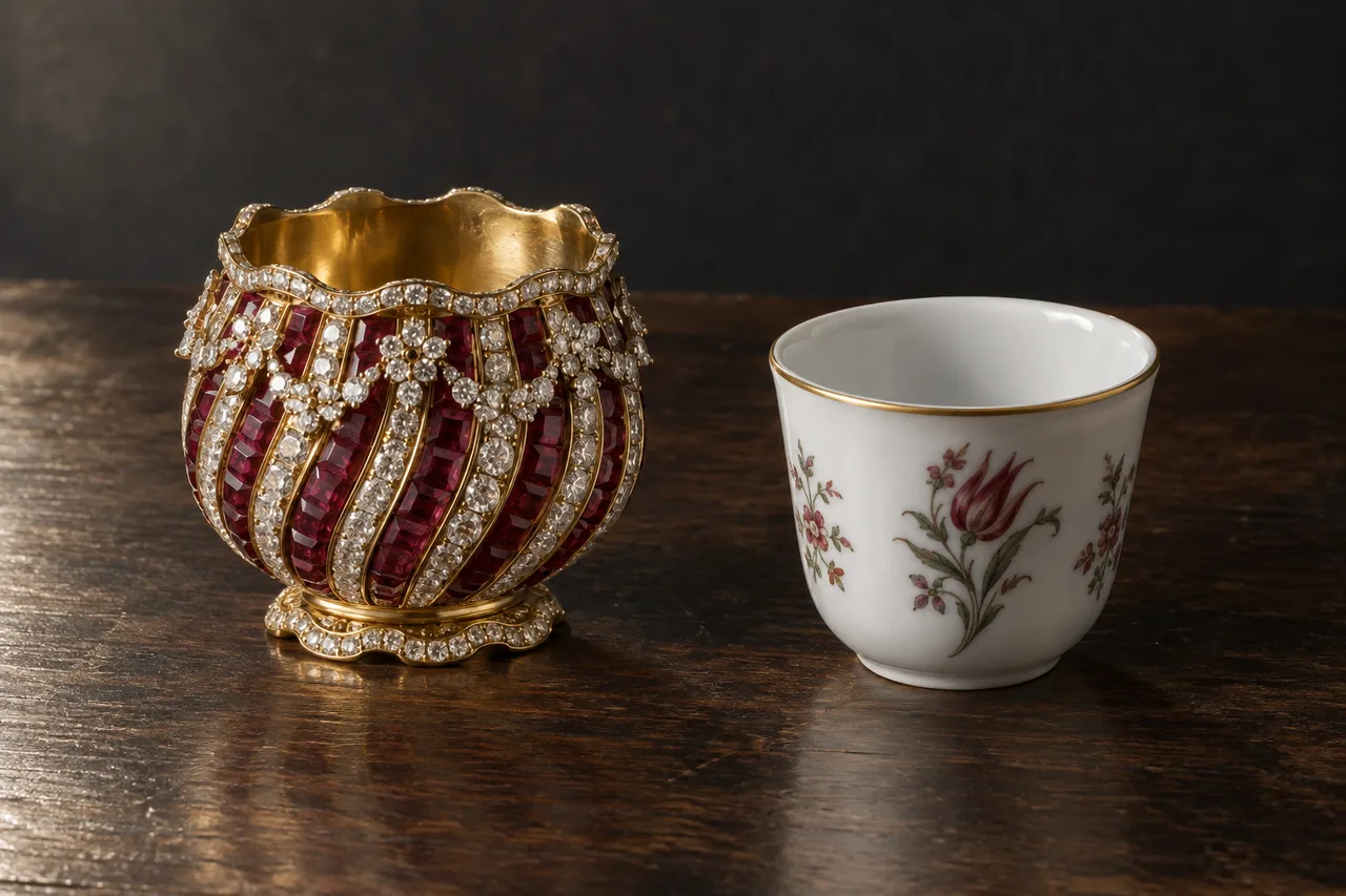 A gold zarf with twisting ruby and diamond bands stands beside a separate white handleless coffee cup on a dark wooden table.