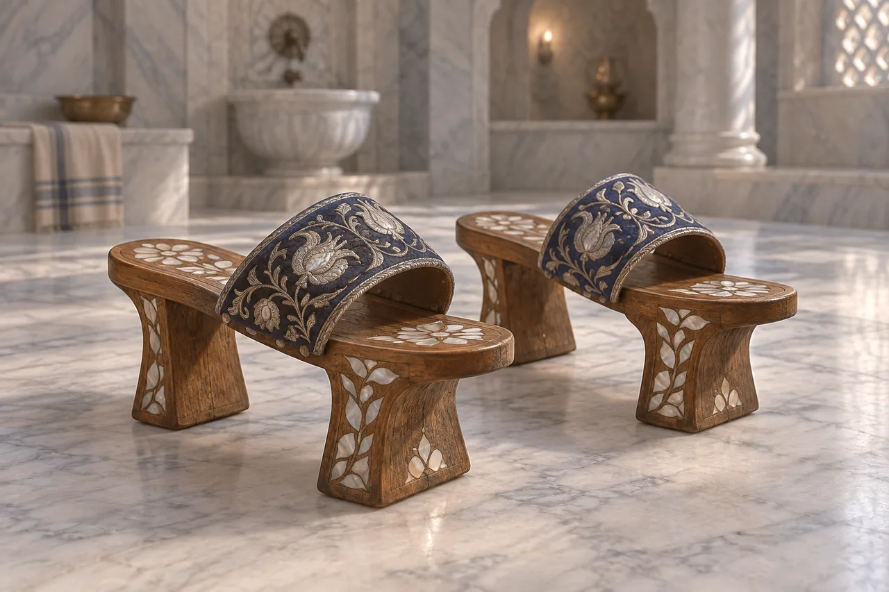 Tall wooden nalın with mother-of-pearl inlay and straps covered in blue cloth embroidered with silver thread rest on pale hammam marble.