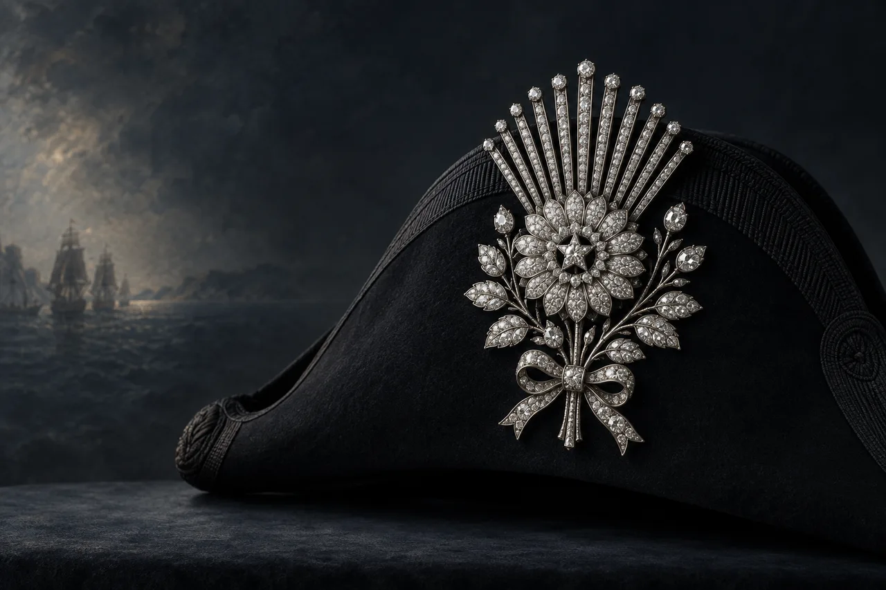 An editorial reconstruction shows a diamond çelenk with a floral centre, bow and thirteen slender rays attached to a black cocked hat.