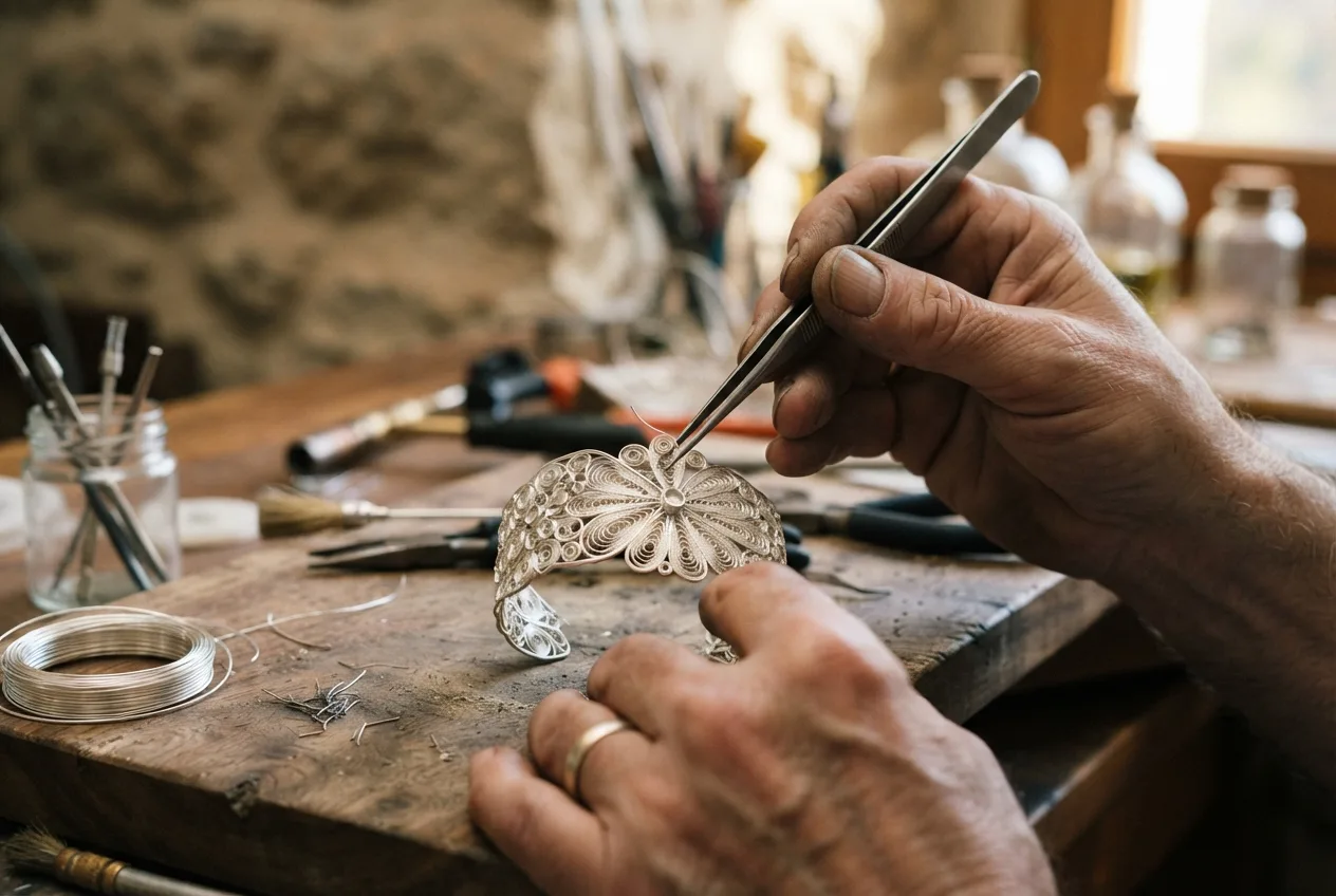 A close-up of a master artisan's hands creating a telkari silver piece on a wooden workbench in natural sunlight.
