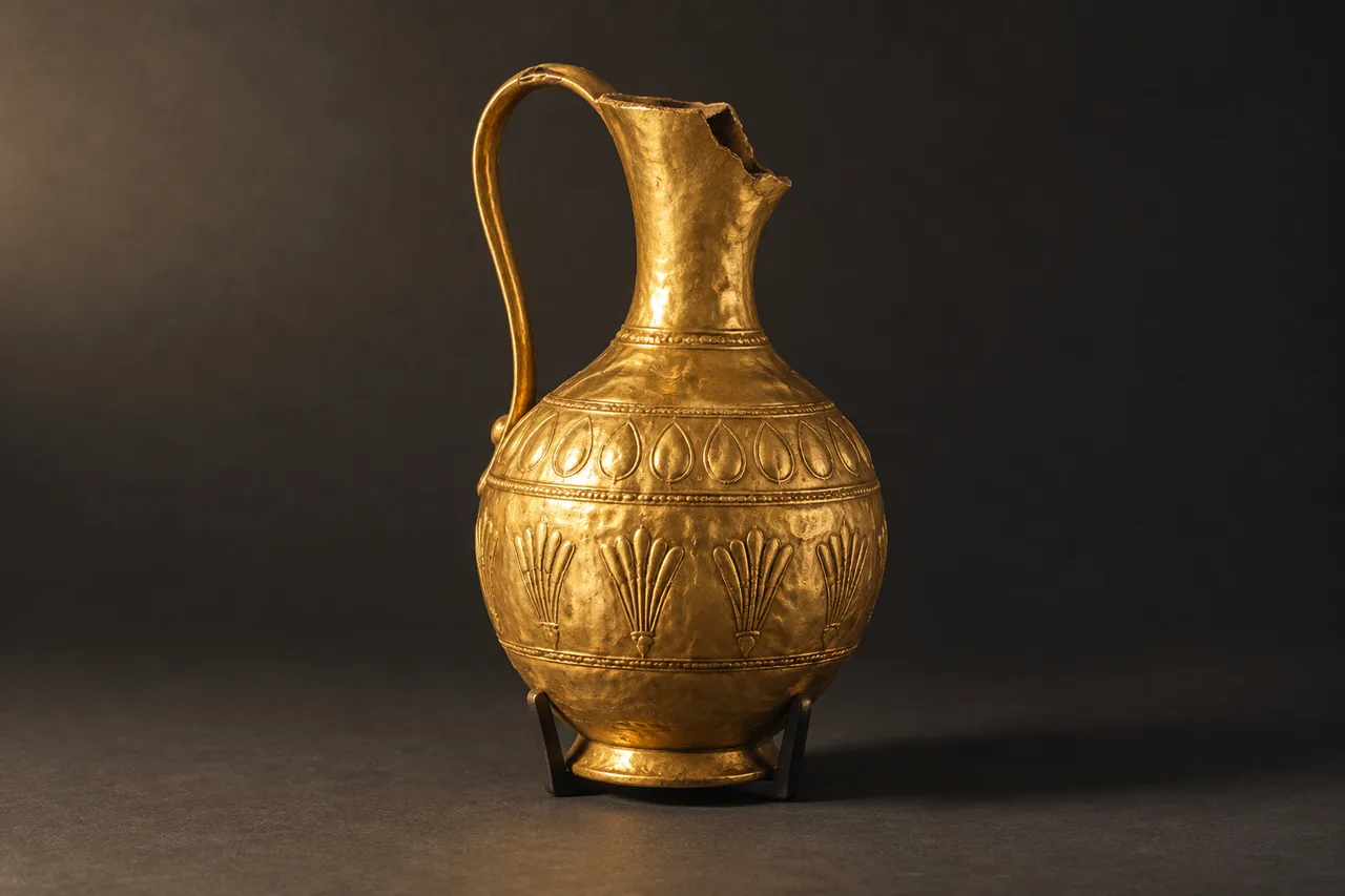 A gold ewer with embossed decoration, a slender handle and a broken spout rests on a dark support, lit warmly from the side against a charcoal background.