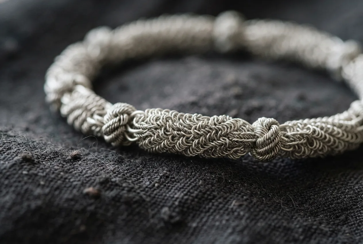 A close-up of a handmade Trabzon Kazaziye silver bracelet featuring a tightly coiled fishbone weave, resting on dark raw silk.