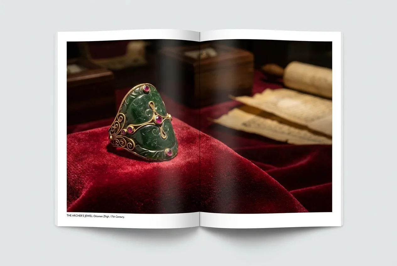 A detailed macro shot of an ornate Ottoman zihgir crafted from green jade, inlaid with gold and rubies, resting on deep crimson velvet.