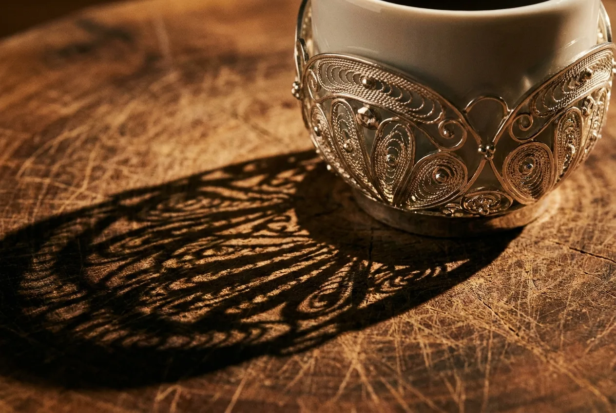 A macro photograph of an intricate Telkari silver coffee cup holder resting on a scarred walnut wood slab, illuminated by warm, dramatic lighting.